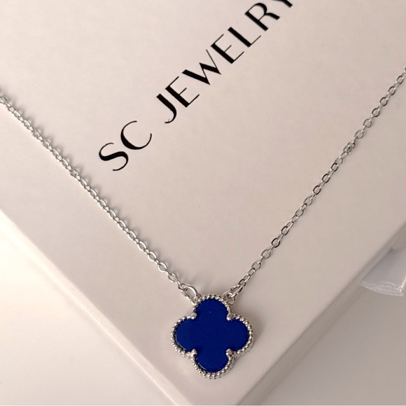 Royal Blue Clover Necklace Silver Tone Chain Double Sided - Picture 4 of 10